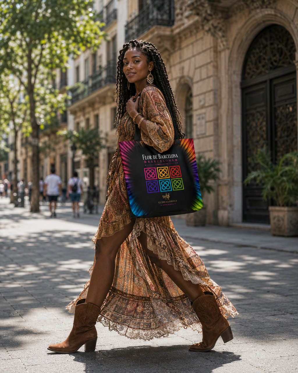 Bolsa Tote Negra Flor de Barcelona – Elegancia Mediterránea para Cada Día