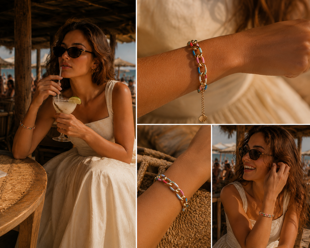 Pulsera Unisex de Eslabones Cubanos Multicolor Chapada en Oro de 18K | Pulsera Mediterránea Boho de Lujo | Edición Susana Maria