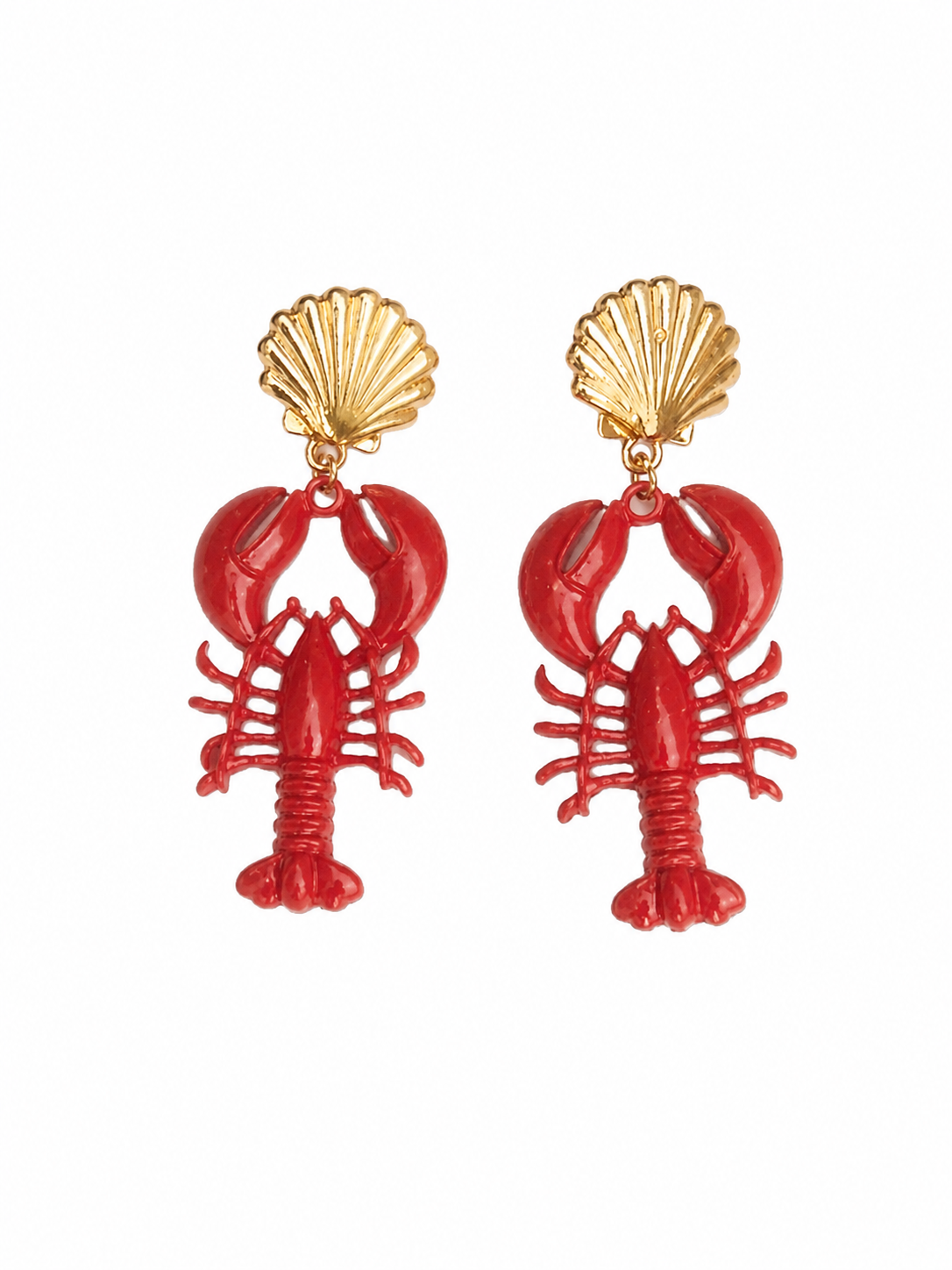 Pendientes Langosta Rojos con Concha Dorada | Pendientes Marineros Inspirados en Ibiza | Joyería Mediterránea Original | Estilo Boho Verano