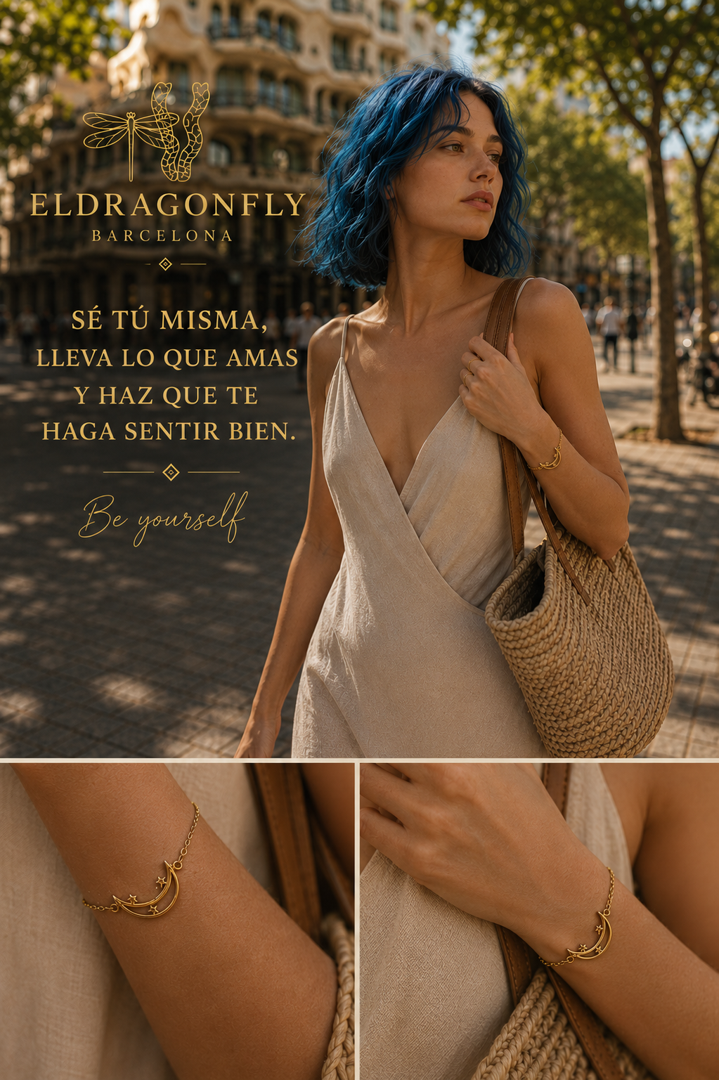 Pulsera luna de cadena de acero para mujer| edición Teresa -luna, corazón y sol