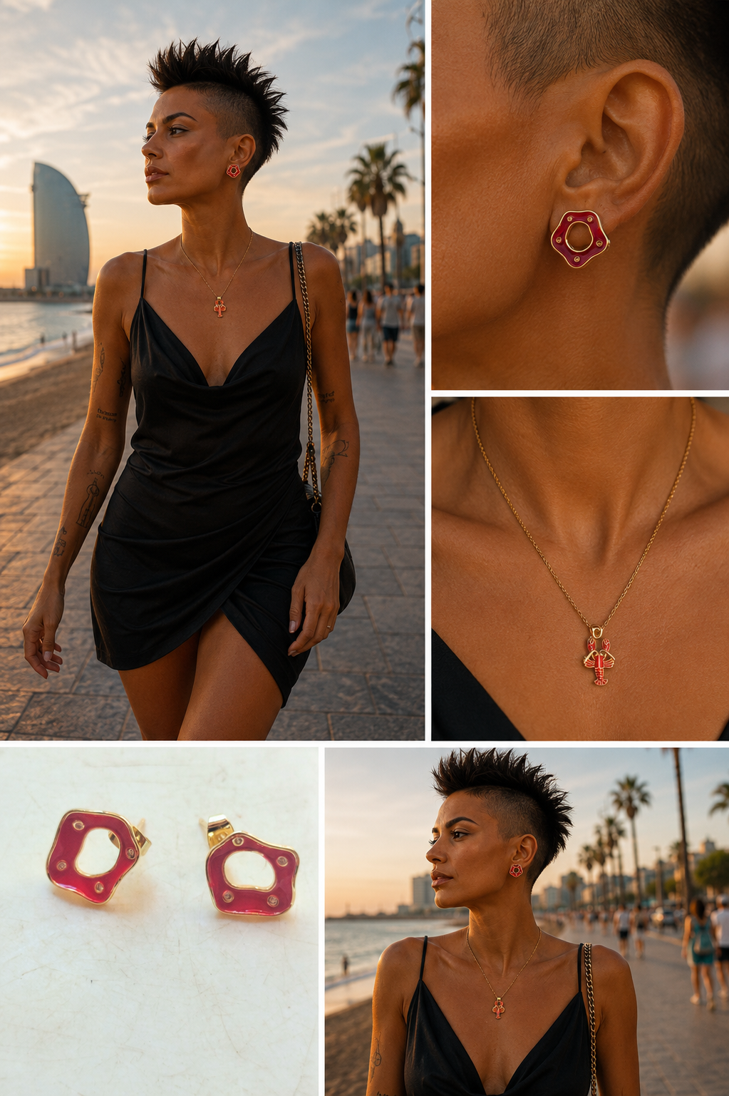 Pendientes rojos de esmalte fundido San Dalí, chapados en oro de 18 quilates.
