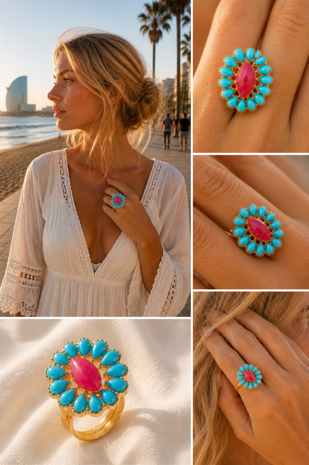 Anillo Boho Ajustable Estilo Ibiza con Detalles Turquesa y Coral | Edición Roberta Ibiza Jones